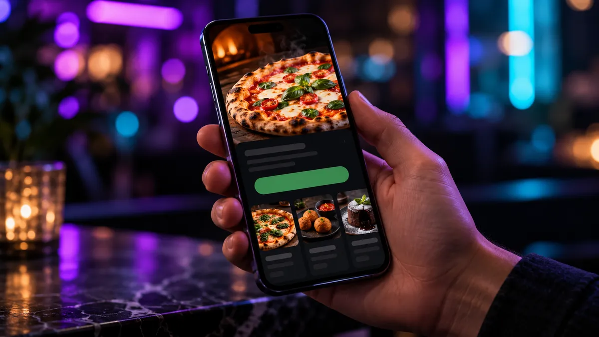 Mão segurando um celular com a landing page de uma pizzaria aberta na tela