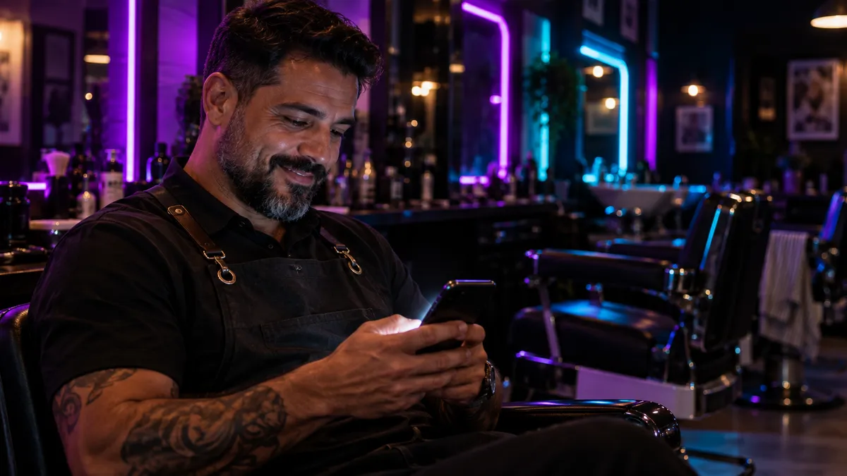 Dono de barbearia sorrindo enquanto olha o celular dentro do próprio negócio